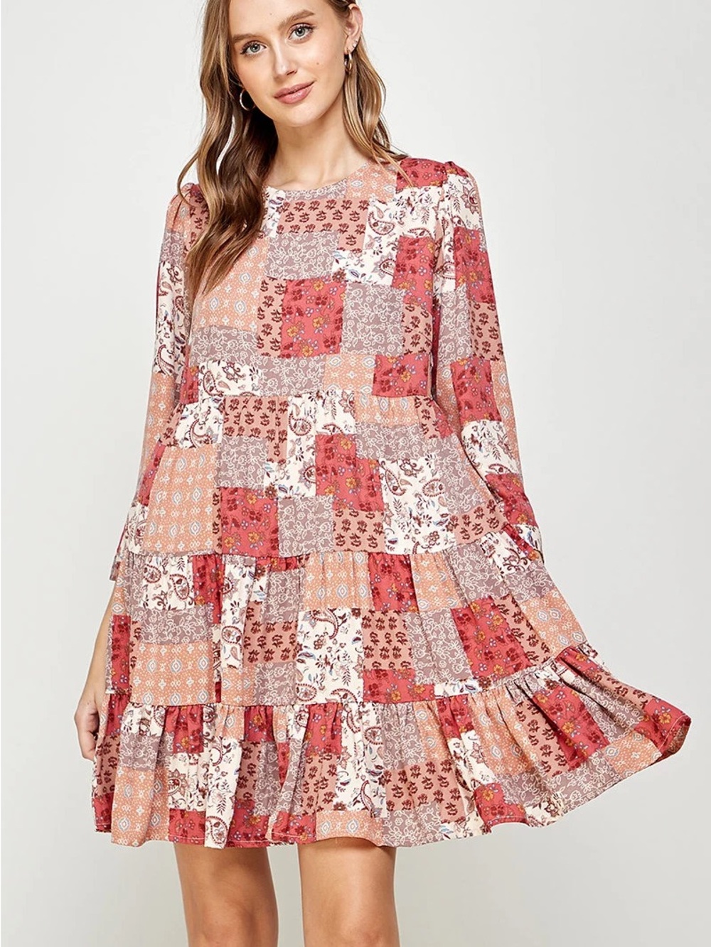 Patchwork Print Tiered Mini Dress - Red Multi